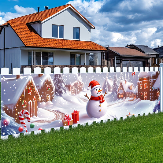 Christmas Snowman Banner, Polyester Festive Outdoor Yard Decor, Fence Banner with 4 Grommets, Holiday Scene for Garden & Indoor Use, Battery-Free Operation
