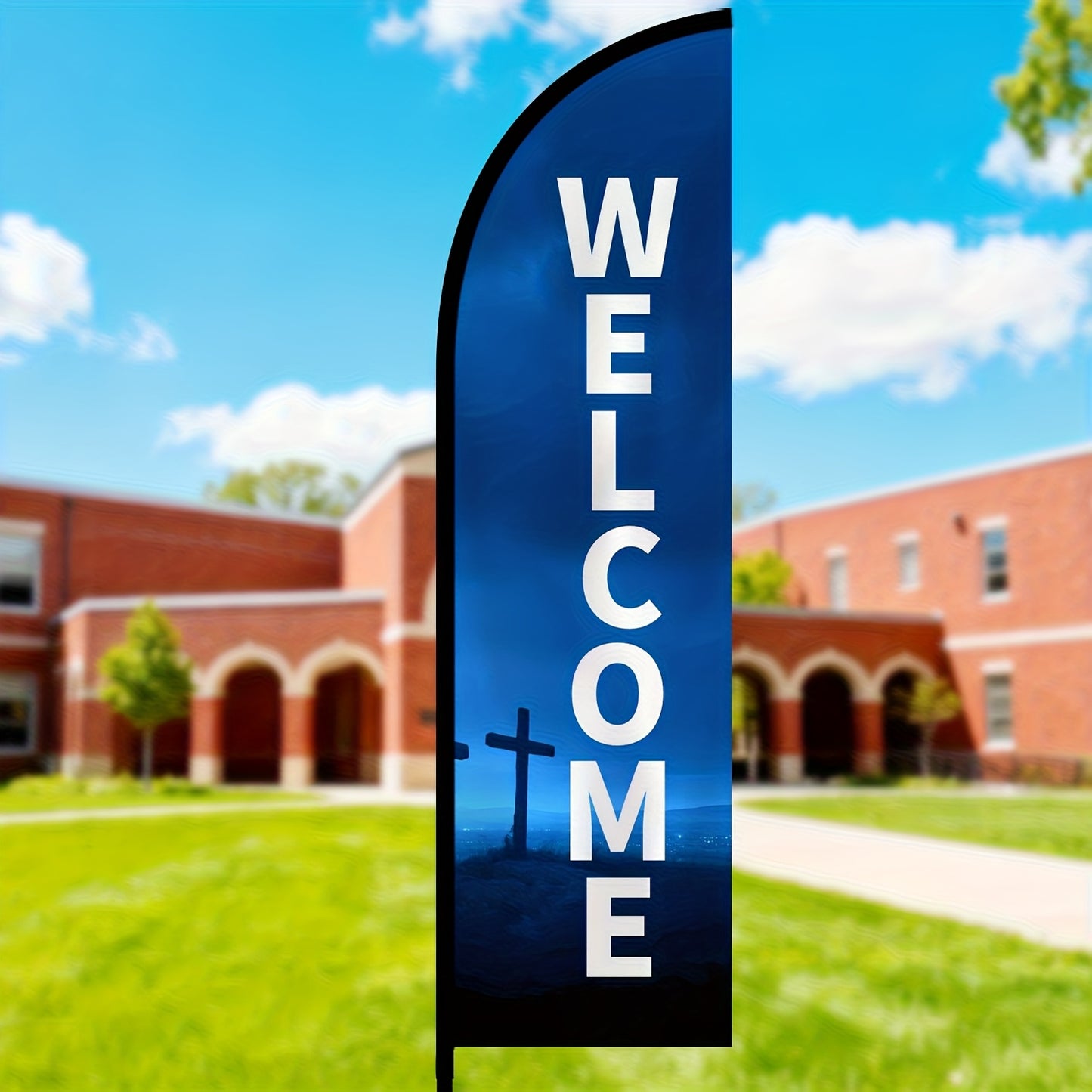 1pc Church Welcome Feather Flag with Pole Kit, Welcome Sign for Church, Outdoor Welcome Flag, Banner for Church Entrance & Events, Aluminum/Fiberglass Flagpole, Durable 110g/㎡ Warp Knitted Polyester
