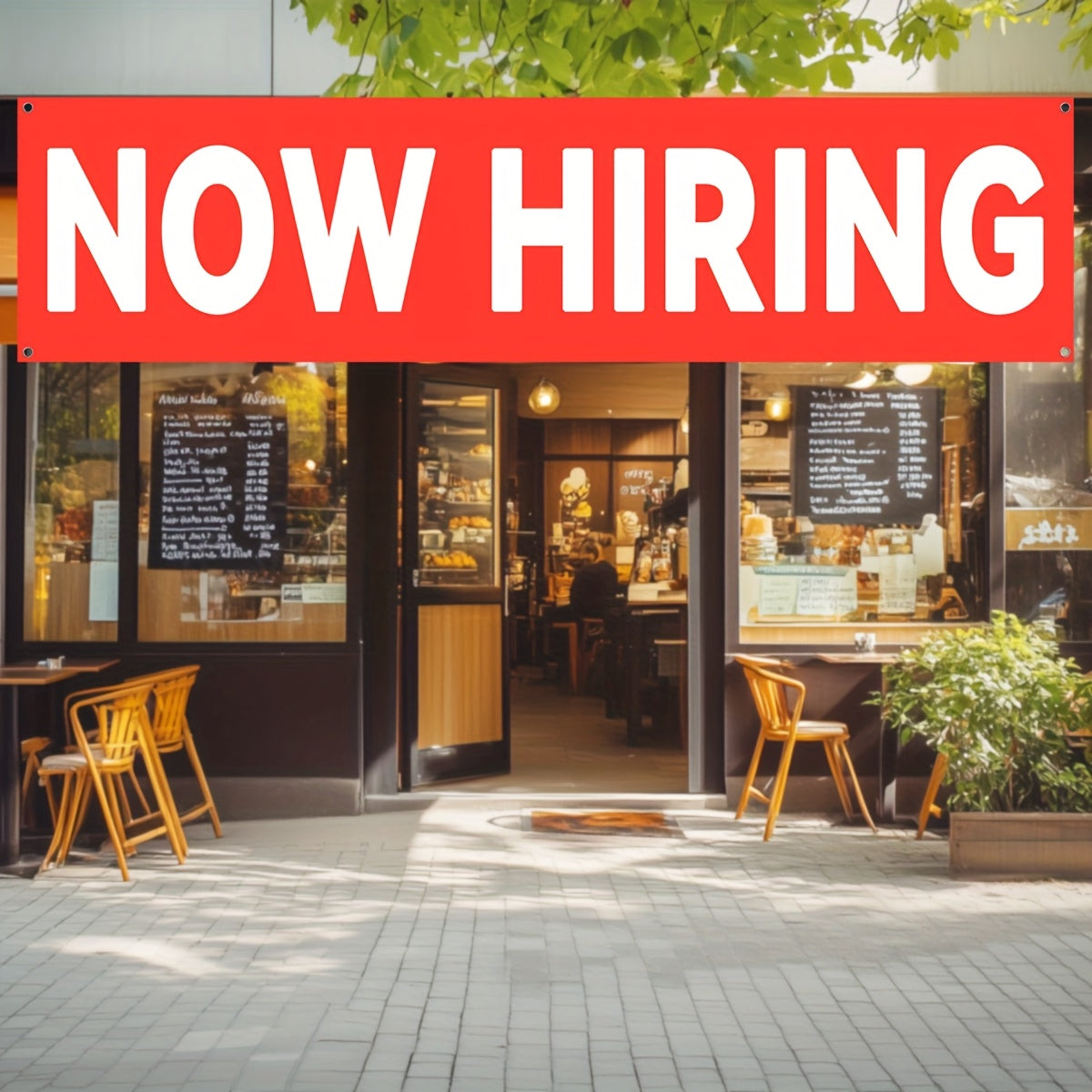 A 'NOW HIRING' Banner, Suitable for Outdoor Use, Shop Signage, And Promotional Displays, Ideal for Commercial Advertising Events. Made of Polyester Fabric, It Comes with Four Grommets for Easy Hanging.