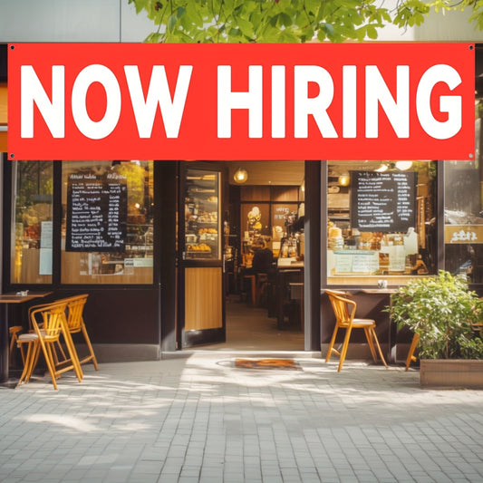 A 'NOW HIRING' Banner, Suitable for Outdoor Use, Shop Signage, And Promotional Displays, Ideal for Commercial Advertising Events. Made of Polyester Fabric, It Comes with Four Grommets for Easy Hanging.