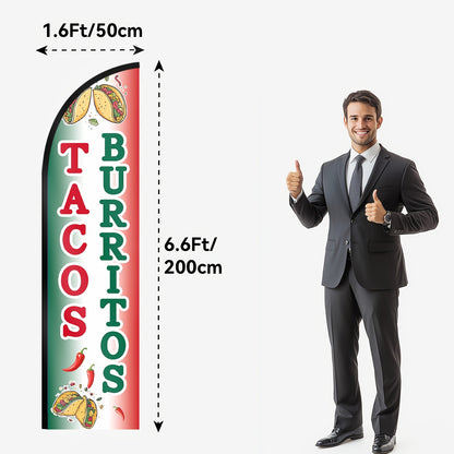 Tacos Burritos Feather Flag with Pole Kit | Bold Double-Sided Print, 1.6x6.6Ft Outdoor Advertising Swooper Banner, Restaurant Food Sign, Mexican Street Food Promo Flag, Polyester Fiber, Pole Mount, Brand: WOANIXY
