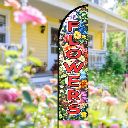 Double-Sided Floral Swooper Banner | Flowers Feather Flag with Pole Kit, Aluminum and Polyester, Bright Open Decoration for Flower Shop and Garden Center Yard Sign, No Electricity Needed