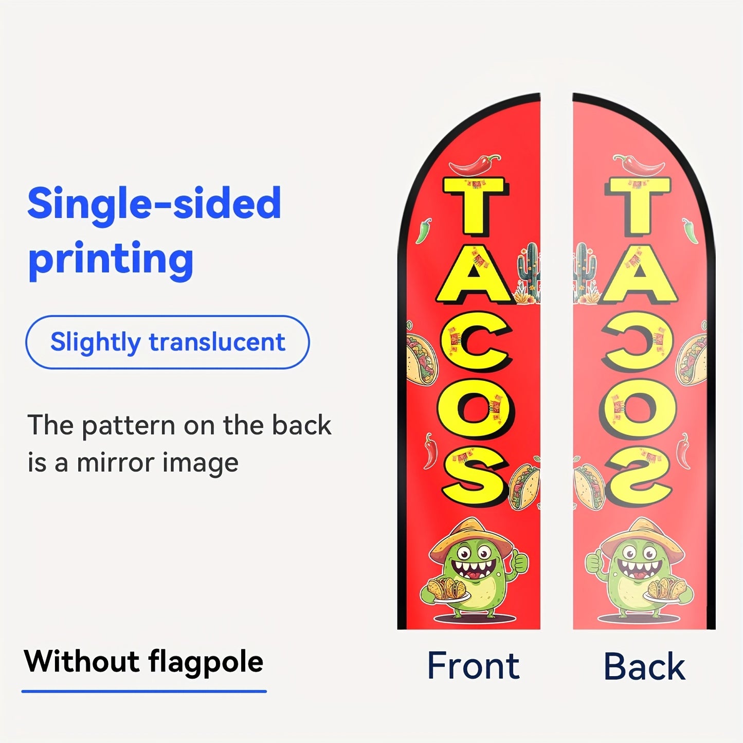 1pc Tacos Feather Flag, Outdoor Flags, Store Signboard Banner, for Commercial Advertising Promotions, 48.77x201.17cm, Polyester Fabric, fade resistant, Weather resistant. Flag only (excluding flagpole)