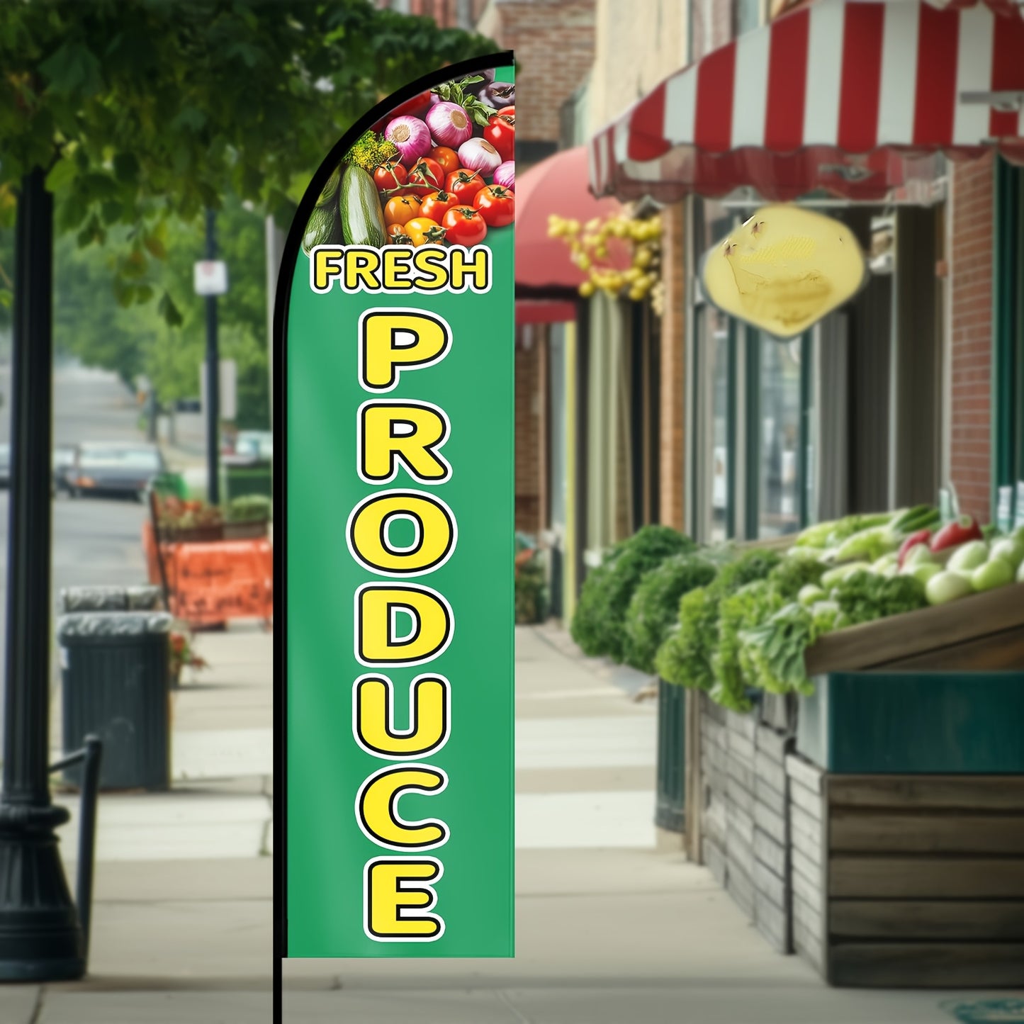 1pc Fresh Produce Feather Flag, Outdoor Flags, Store Signboard Banner, Suitable for Commercial Advertising Promotions, 48.77x201.17cm, Polyester Fabric, Double or Single sided Printing, Anti fading, Weather resistant. Flag only (excluding flagpole)