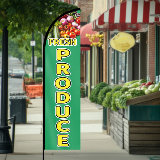 1pc Fresh Produce Feather Flag, Outdoor Flags, Store Signboard Banner, Suitable for Commercial Advertising Promotions, 48.77x201.17cm, Polyester Fabric, Double or Single sided Printing, Anti fading, Weather resistant. Flag only (excluding flagpole)
